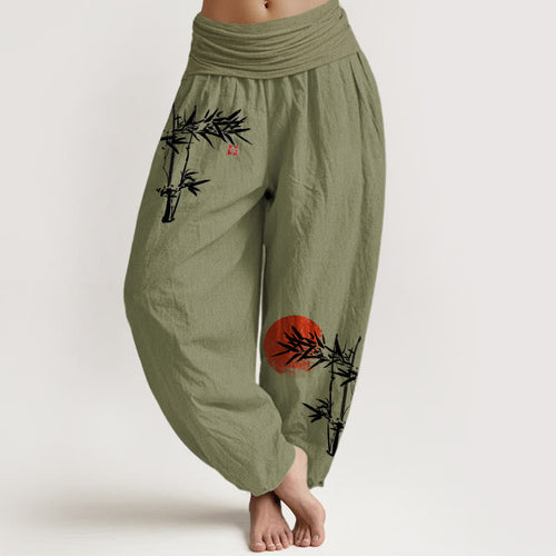 Buddha Stones Bamboo Leaves Red Sun Pattern Women's Elastic Waist Harem Pure Cotton Pants