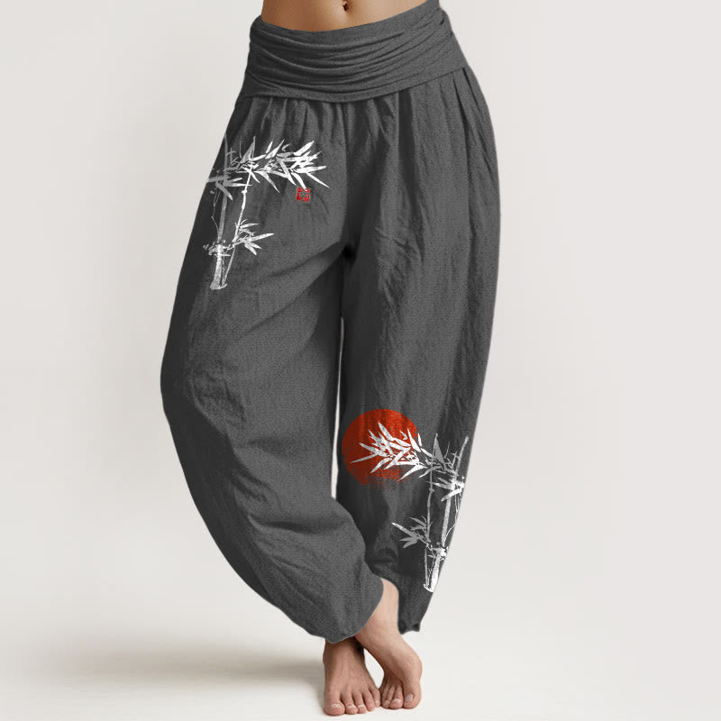 Buddha Stones Bamboo Leaves Red Sun Pattern Women's Elastic Waist Harem Pure Cotton Pants
