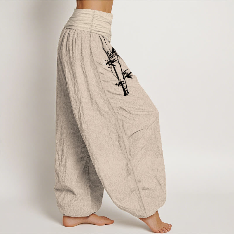 Buddha Stones Bamboo Leaves Red Sun Pattern Women's Elastic Waist Harem Pure Cotton Pants