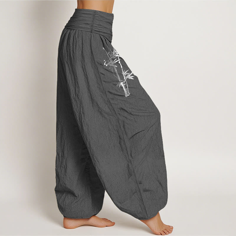 Buddha Stones Bamboo Leaves Red Sun Pattern Women's Elastic Waist Harem Pure Cotton Pants