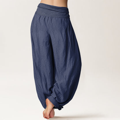 Buddha Stones Bamboo Leaves Red Sun Pattern Women's Elastic Waist Harem Pure Cotton Pants