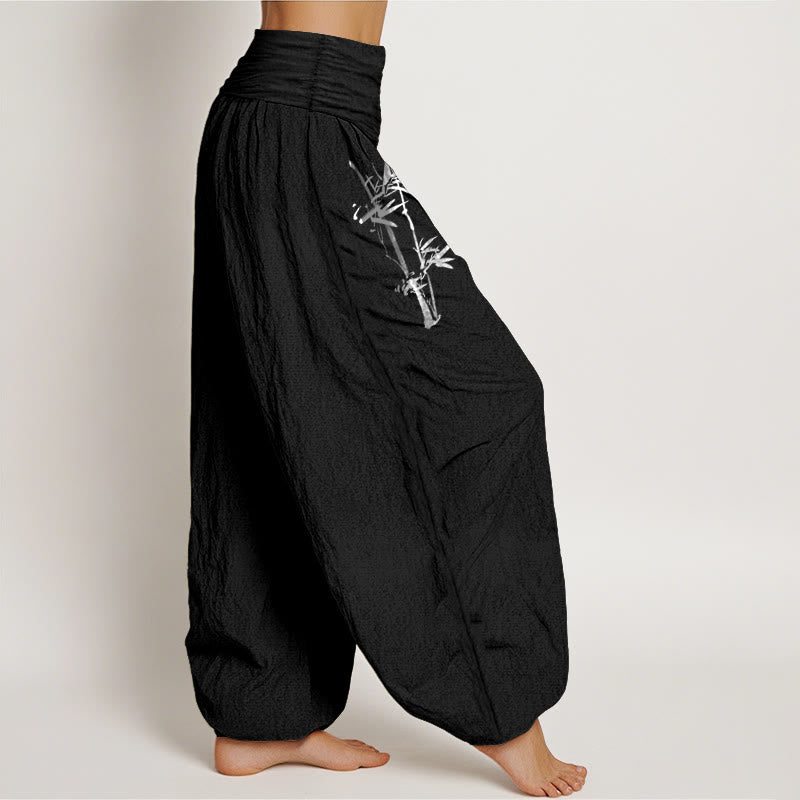 Buddha Stones Bamboo Leaves Red Sun Pattern Women's Elastic Waist Harem Pure Cotton Pants