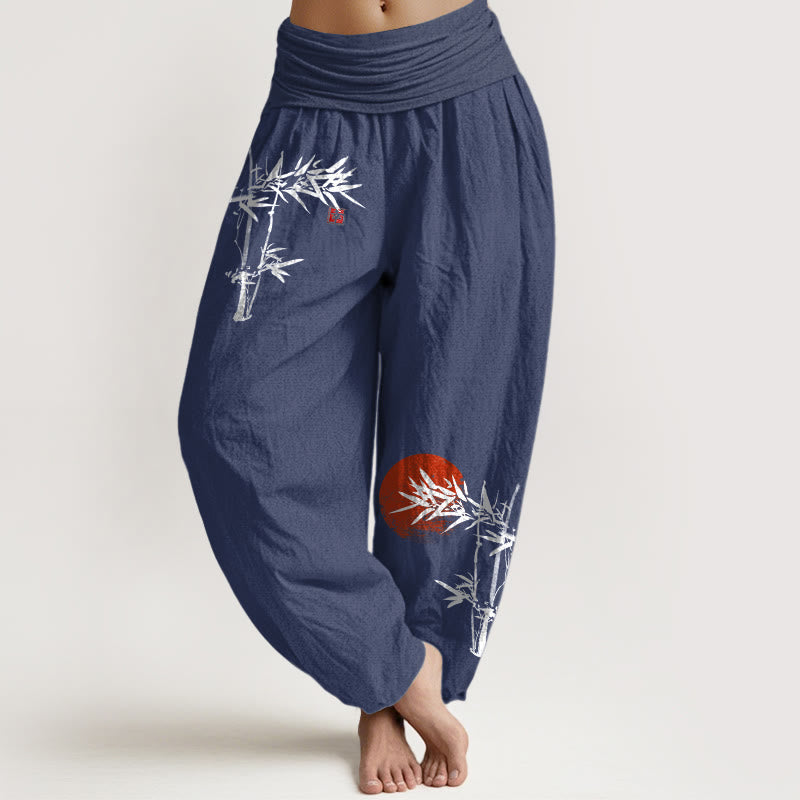 Buddha Stones Bamboo Leaves Red Sun Pattern Women's Elastic Waist Harem Pure Cotton Pants