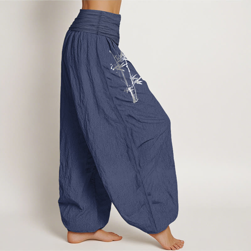 Buddha Stones Bamboo Leaves Red Sun Pattern Women's Elastic Waist Harem Pure Cotton Pants
