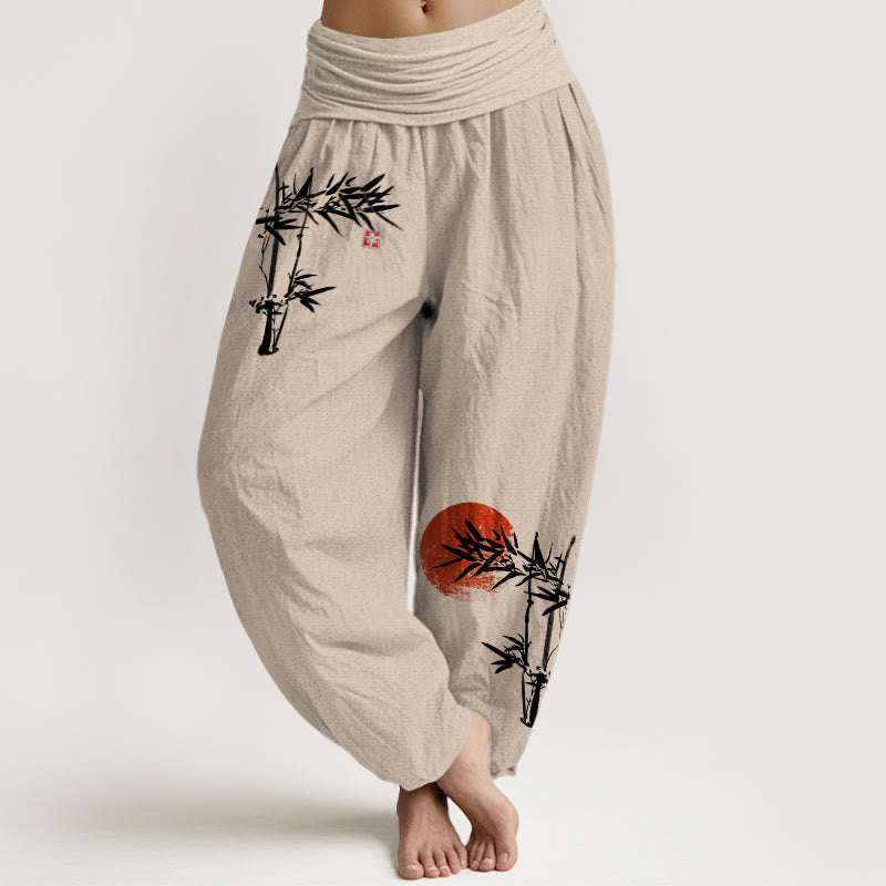 Buddha Stones Bamboo Leaves Red Sun Pattern Women's Elastic Waist Harem Pure Cotton Pants