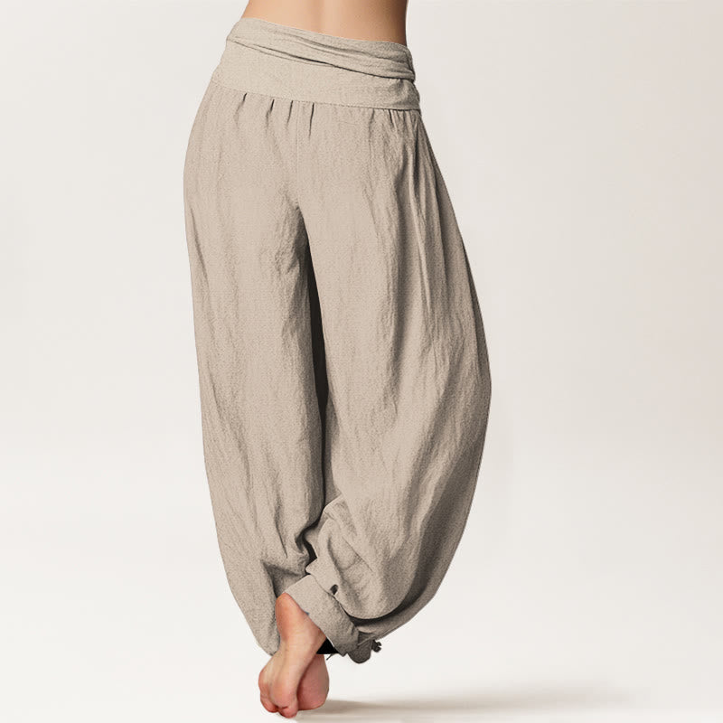 Buddha Stones Bamboo Leaves Red Sun Pattern Women's Elastic Waist Harem Pure Cotton Pants