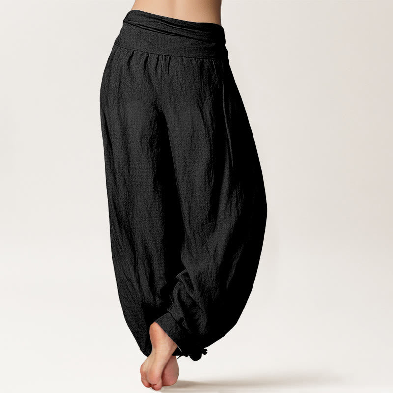 Buddha Stones Bamboo Leaves Red Sun Pattern Women's Elastic Waist Harem Pure Cotton Pants