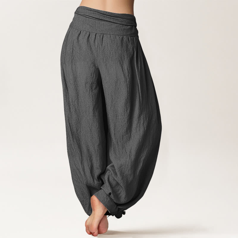 Buddha Stones Bamboo Leaves Red Sun Pattern Women's Elastic Waist Harem Pure Cotton Pants