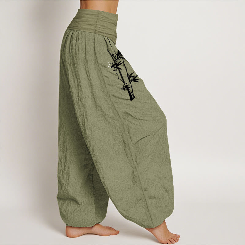 Buddha Stones Bamboo Leaves Red Sun Pattern Women's Elastic Waist Harem Pure Cotton Pants