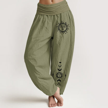 Buddha Stones Sun Moon Stars Pattern Women's Elastic Waist Harem Pure Cotton Pants