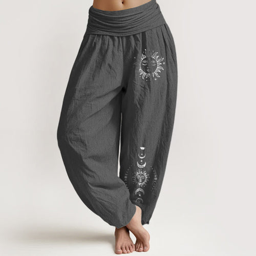 Buddha Stones Sun Moon Stars Pattern Women's Elastic Waist Harem Pure Cotton Pants