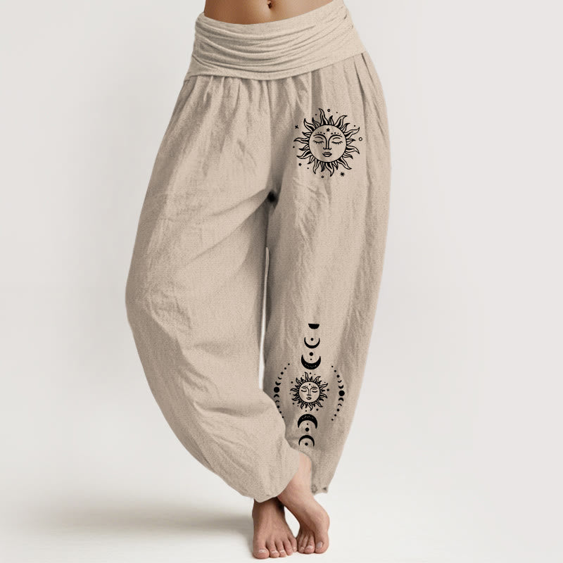 Buddha Stones Sun Moon Stars Pattern Women's Elastic Waist Harem Pure Cotton Pants