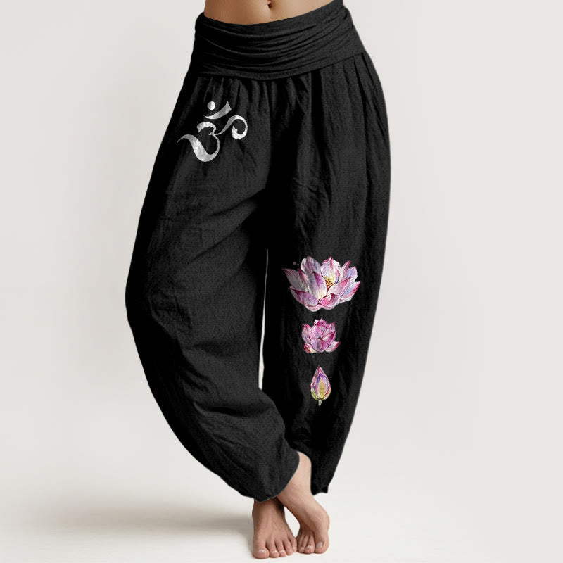 Buddha Stones Blooming Lotus Om Symbol Pattern Women's Elastic Waist Harem Pure Cotton Pants