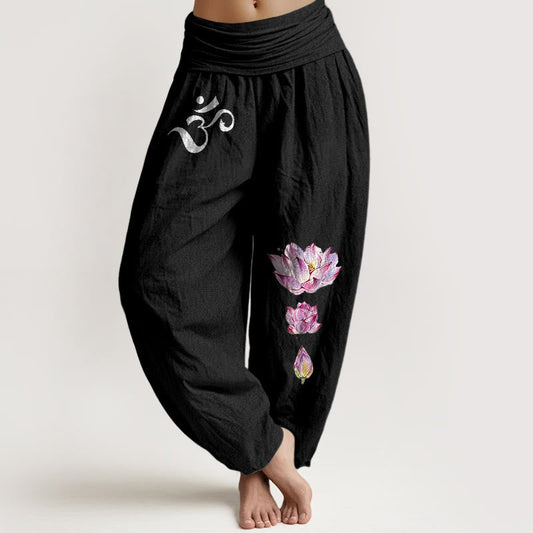 Buddha Stones Blooming Lotus Om Symbol Pattern Women's Elastic Waist Harem Pure Cotton Pants