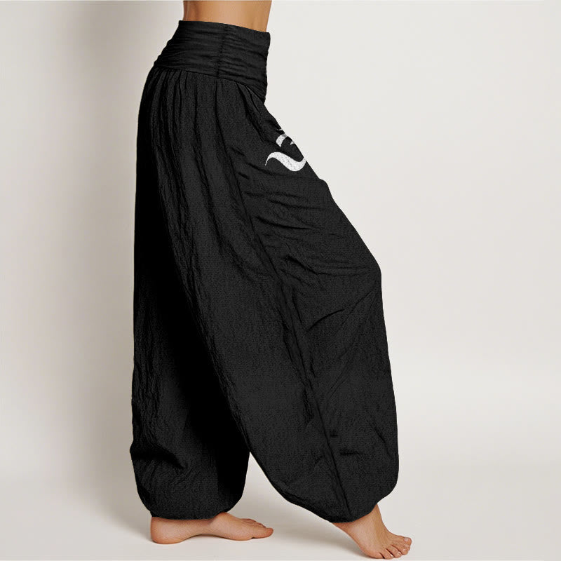 Buddha Stones Blooming Lotus Om Symbol Pattern Women's Elastic Waist Harem Pure Cotton Pants