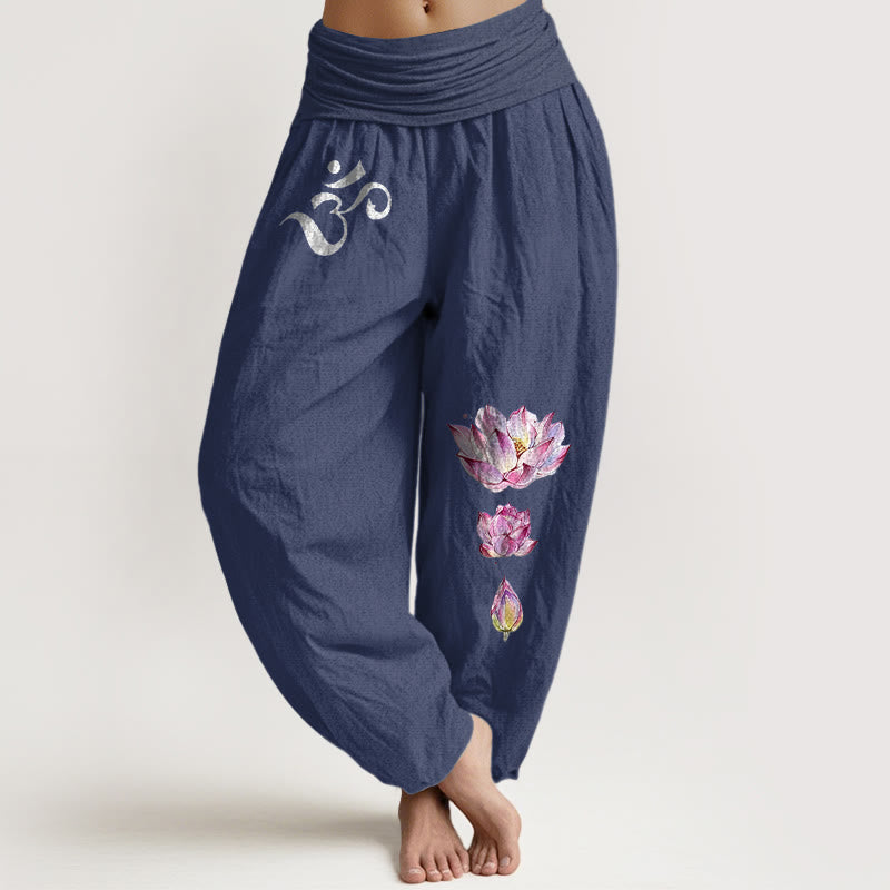 Buddha Stones Blooming Lotus Om Symbol Pattern Women's Elastic Waist Harem Pure Cotton Pants