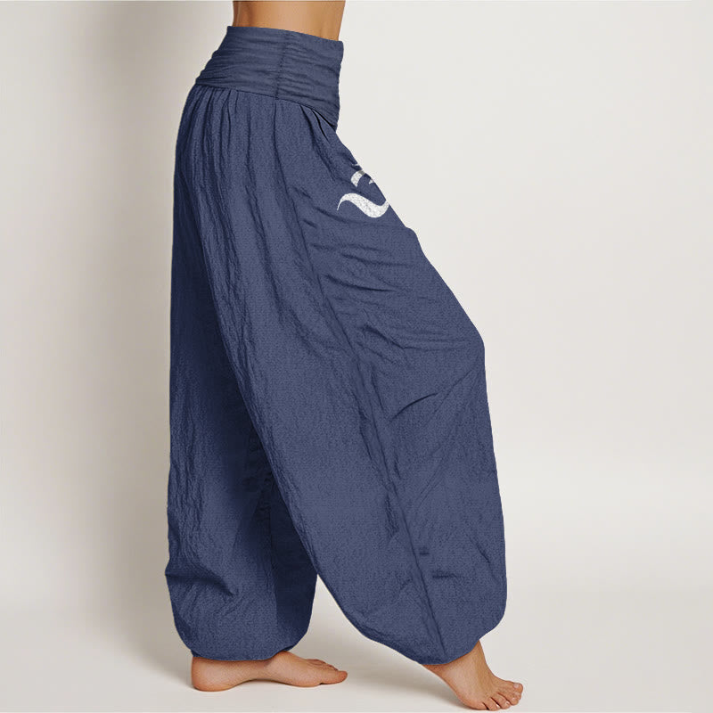 Buddha Stones Blooming Lotus Om Symbol Pattern Women's Elastic Waist Harem Pure Cotton Pants