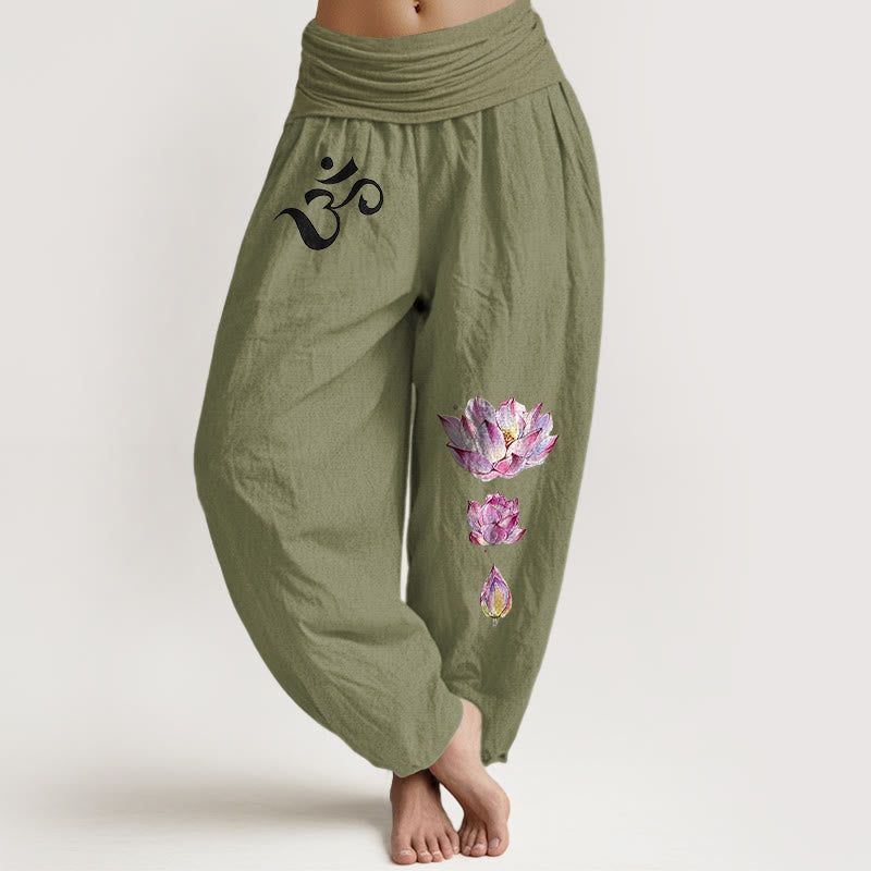 Buddha Stones Blooming Lotus Om Symbol Pattern Women's Elastic Waist Harem Pure Cotton Pants