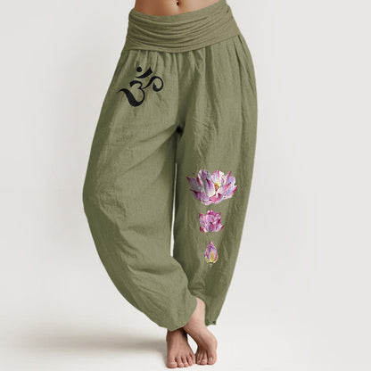 Buddha Stones Blooming Lotus Om Symbol Pattern Women's Elastic Waist Harem Pure Cotton Pants