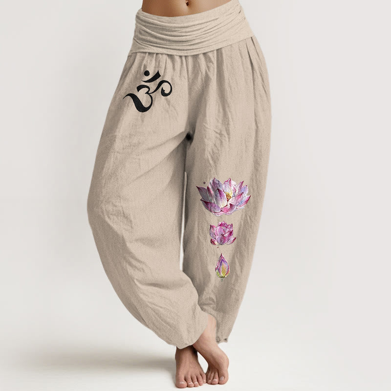 Buddha Stones Blooming Lotus Om Symbol Pattern Women's Elastic Waist Harem Pure Cotton Pants