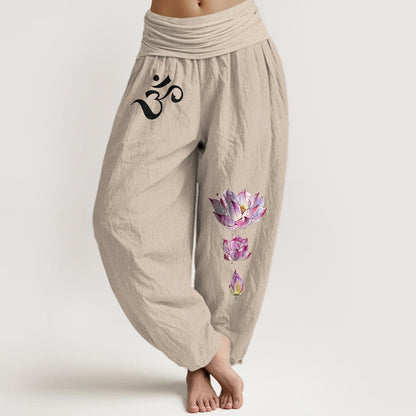 Buddha Stones Blooming Lotus Om Symbol Pattern Women's Elastic Waist Harem Pure Cotton Pants