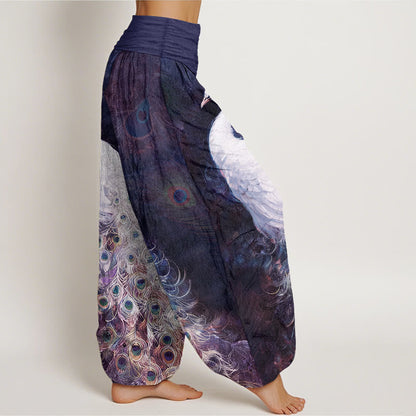 Buddha Stones Pure Cotton Gorgeous Peacock Pattern Women's Elastic Waist Harem Pants