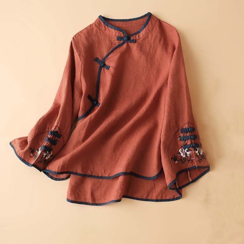 Buddha Stones Retro Flower Embroidery Design Long Sleeve Women's Shirt