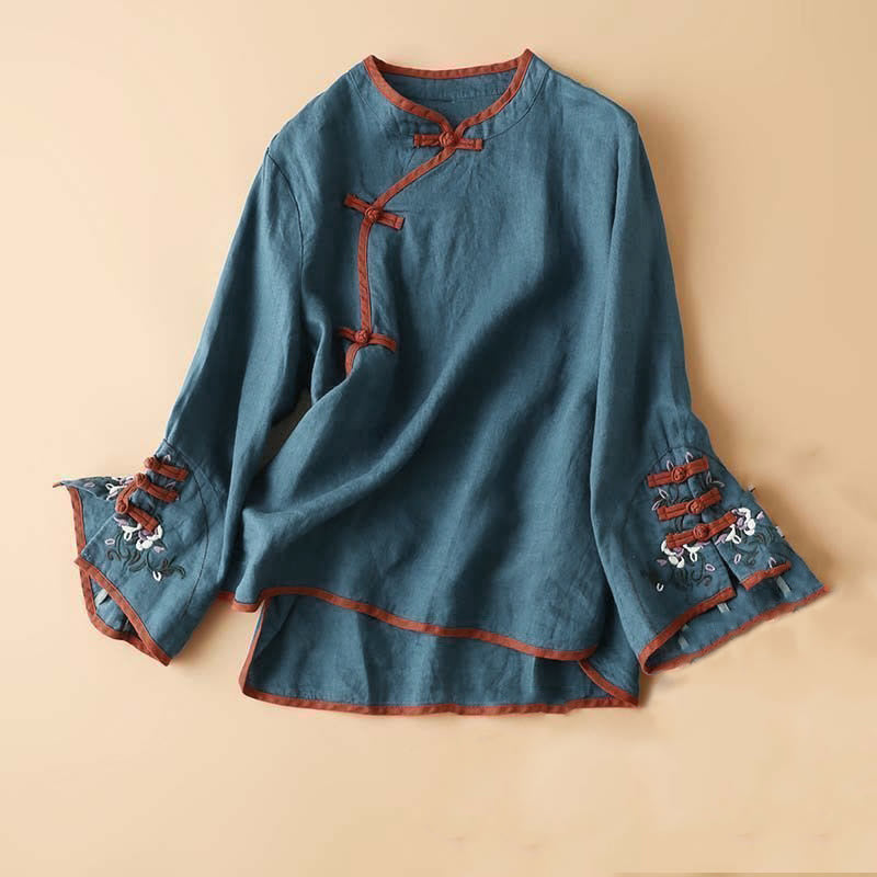 Buddha Stones Retro Flower Embroidery Design Long Sleeve Women's Shirt