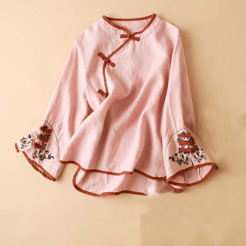 Buddha Stones Retro Flower Embroidery Design Long Sleeve Women's Shirt
