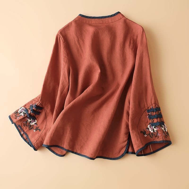 Buddha Stones Retro Flower Embroidery Design Long Sleeve Women's Shirt