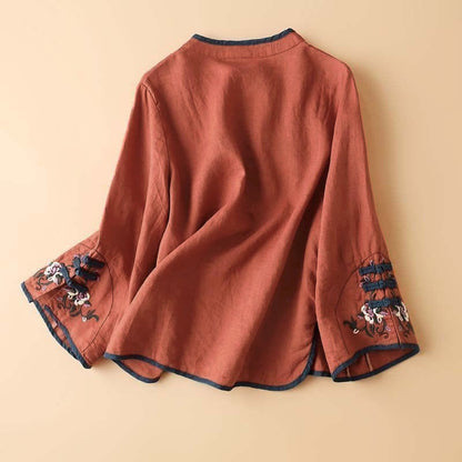Buddha Stones Retro Flower Embroidery Design Long Sleeve Women's Shirt