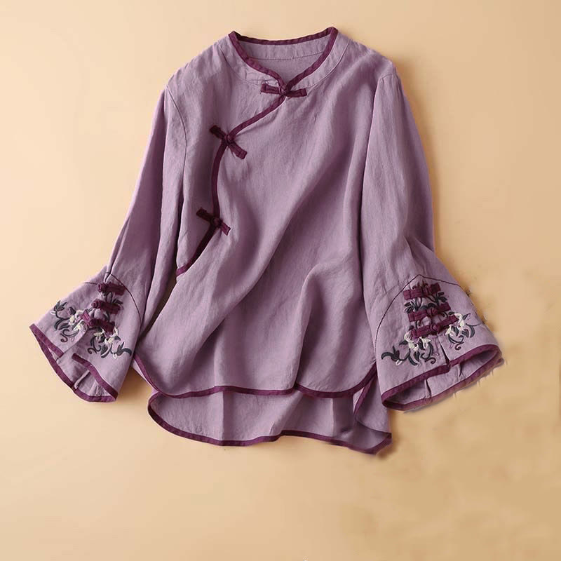 Buddha Stones Retro Flower Embroidery Design Long Sleeve Women's Shirt