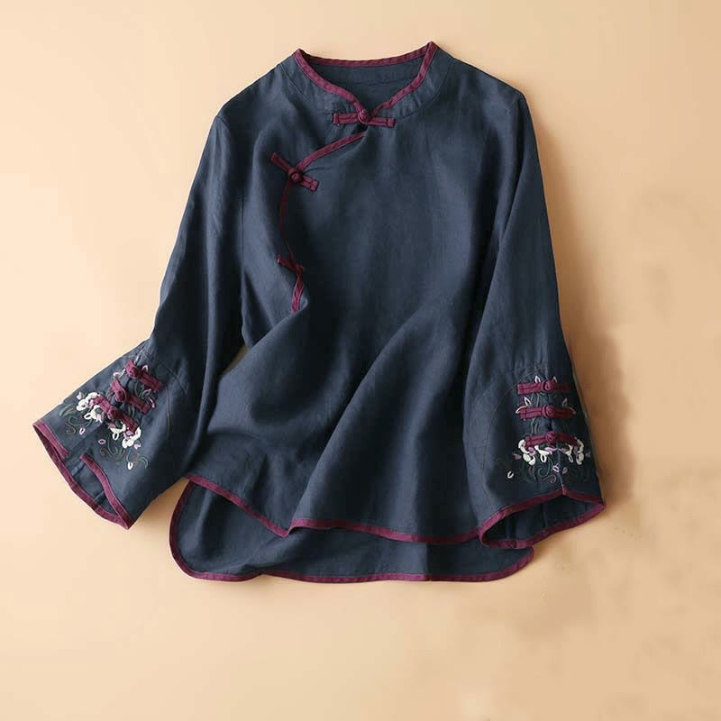 Buddha Stones Retro Flower Embroidery Design Long Sleeve Women's Shirt