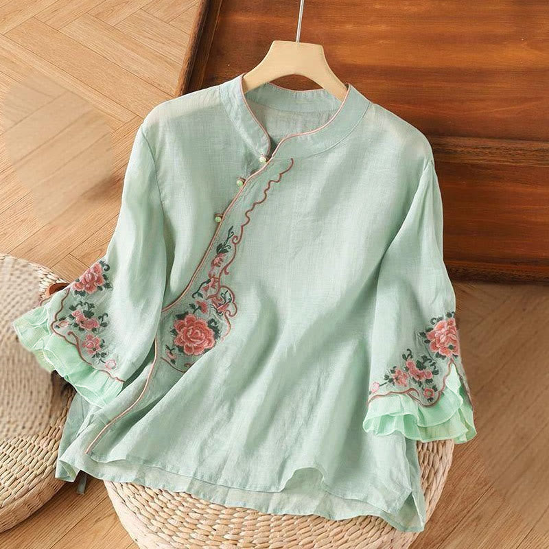 Buddha Stones Casual Loose Peony Embroidery Frog Button Three Quarter Sleeve Women's Shirt