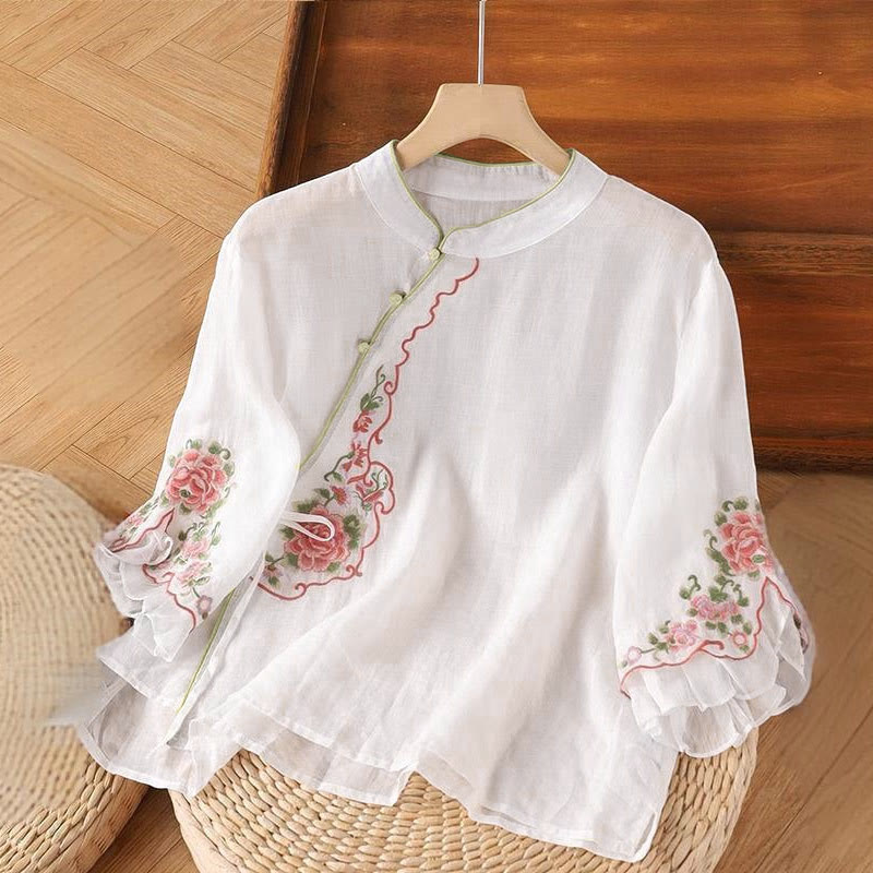 Buddha Stones Casual Loose Peony Embroidery Frog Button Three Quarter Sleeve Women's Shirt