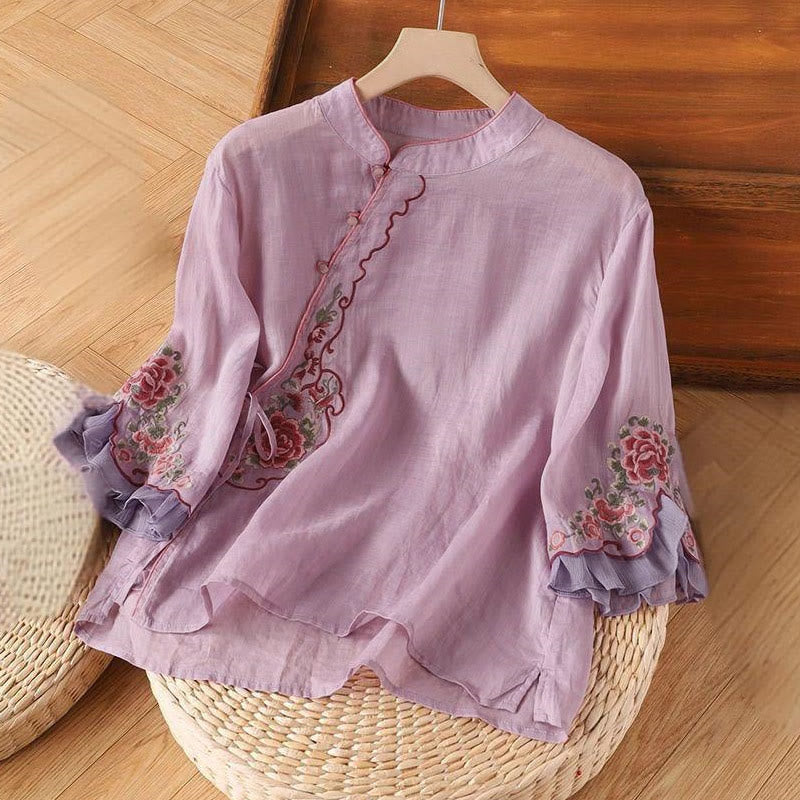 Buddha Stones Casual Loose Peony Embroidery Frog Button Three Quarter Sleeve Women's Shirt