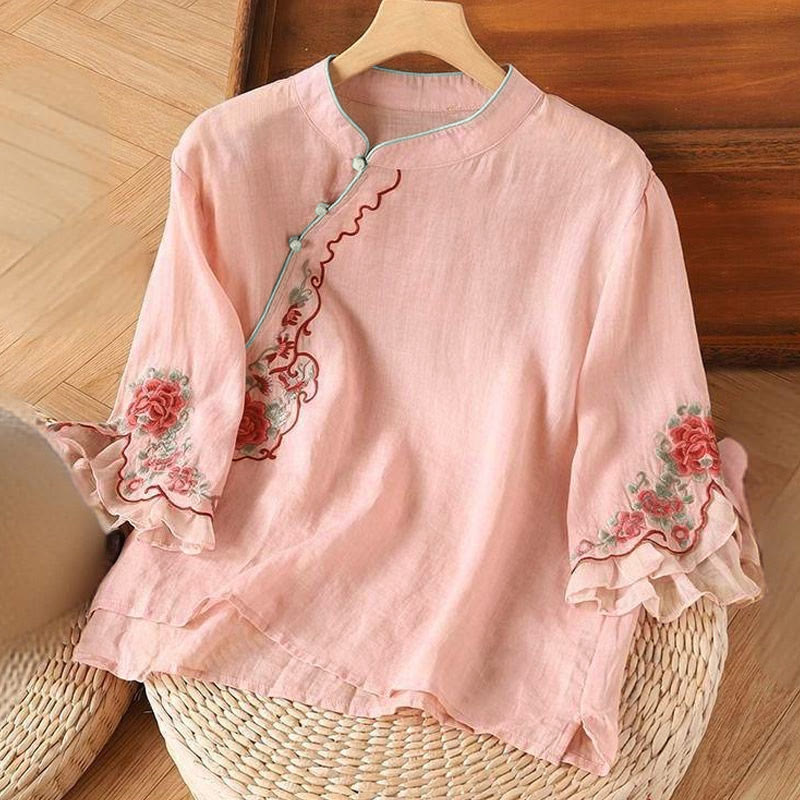 Buddha Stones Casual Loose Peony Embroidery Frog Button Three Quarter Sleeve Women's Shirt