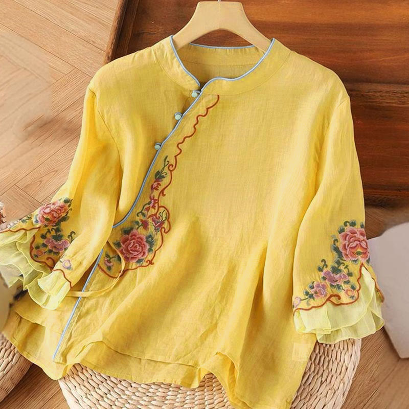 Buddha Stones Casual Loose Peony Embroidery Frog Button Three Quarter Sleeve Women's Shirt