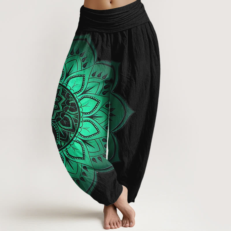 Buddha Stones Cotton Symmetrical Mandala Pattern Women's Elastic Waist Harem Pants