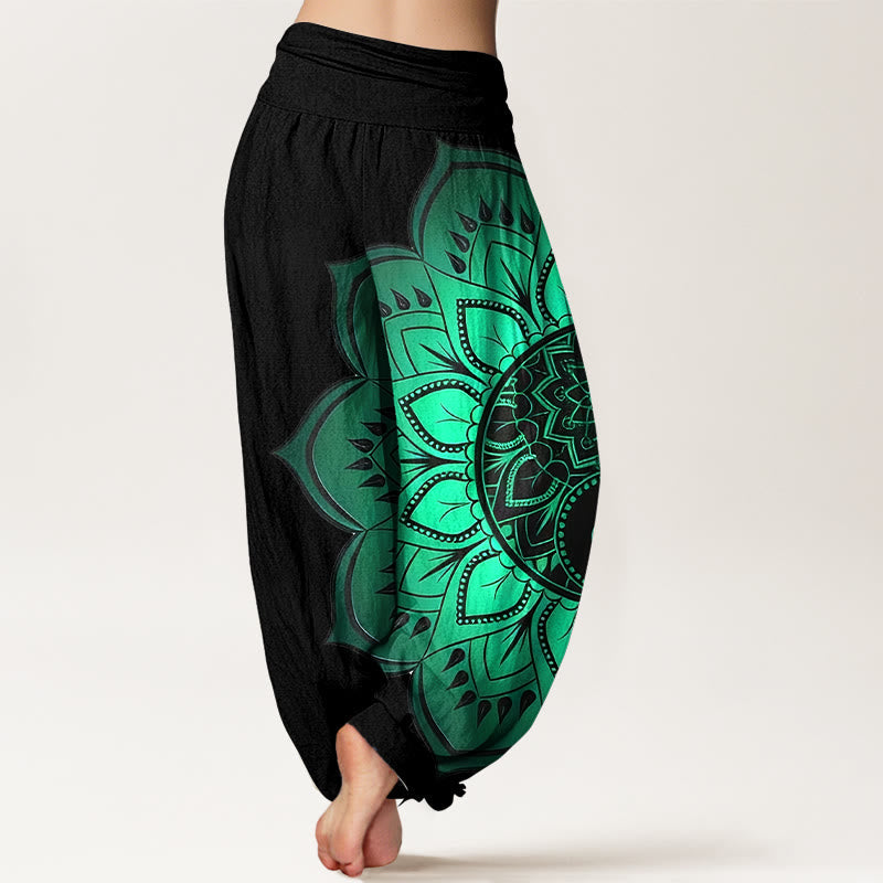 Buddha Stones Cotton Symmetrical Mandala Pattern Women's Elastic Waist Harem Pants