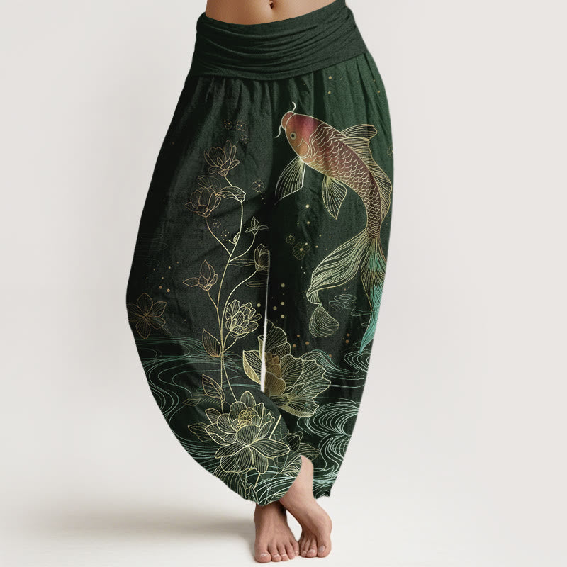 Buddha Stones Lotus Koi Fish Pattern Women's Elastic Waist Pure Cotton Harem Pants