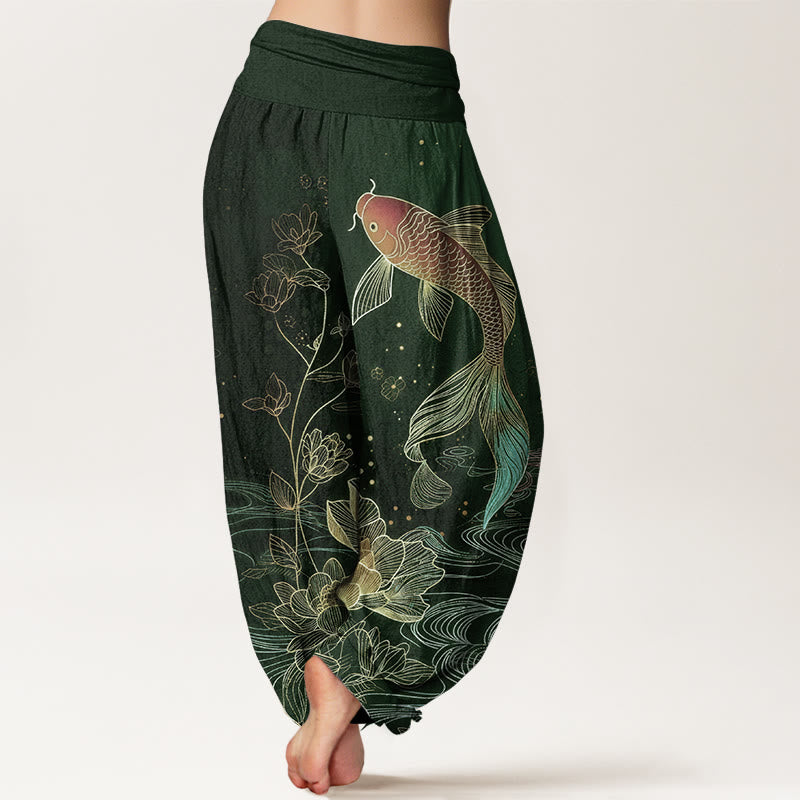 Buddha Stones Lotus Koi Fish Pattern Women's Elastic Waist Pure Cotton Harem Pants
