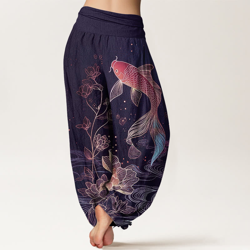Buddha Stones Lotus Koi Fish Pattern Women's Elastic Waist Pure Cotton Harem Pants