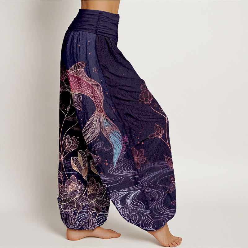 Buddha Stones Lotus Koi Fish Pattern Women's Elastic Waist Pure Cotton Harem Pants