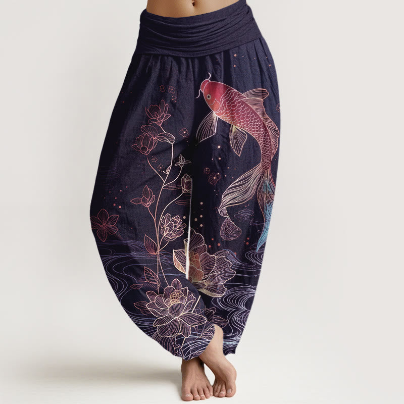 Buddha Stones Lotus Koi Fish Pattern Women's Elastic Waist Pure Cotton Harem Pants