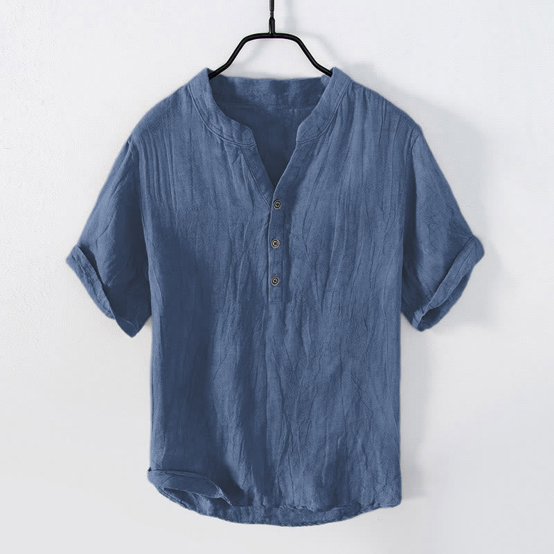 Buddha Stones Solid Color Short Sleeve Half Button Shirt Cotton Linen Men Clothing