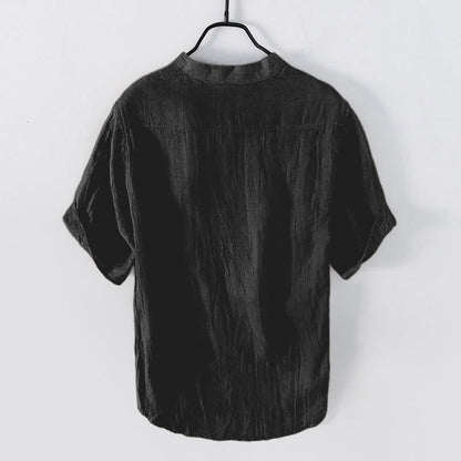 Buddha Stones Solid Color Short Sleeve Half Button Shirt Cotton Linen Men Clothing