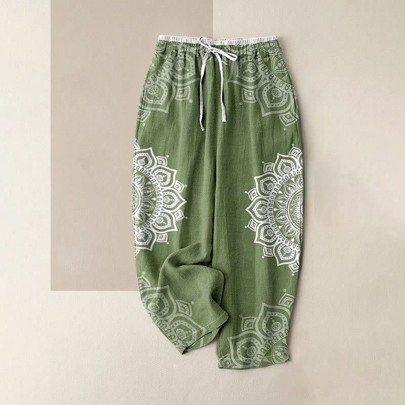 Buddha Stones Pure Cotton Mandala Pattern Women's Elastic Waist Pants With Pockets