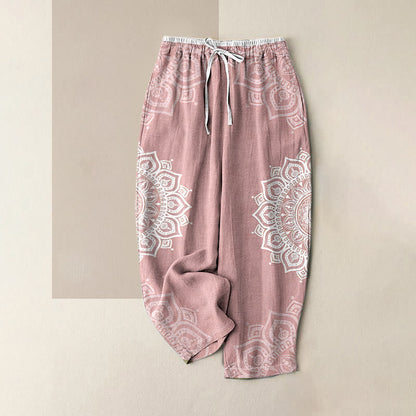 Buddha Stones Pure Cotton Mandala Pattern Women's Elastic Waist Pants With Pockets
