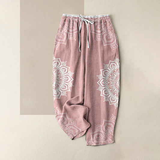 Buddha Stones Pure Cotton Mandala Pattern Women's Elastic Waist Pants With Pockets